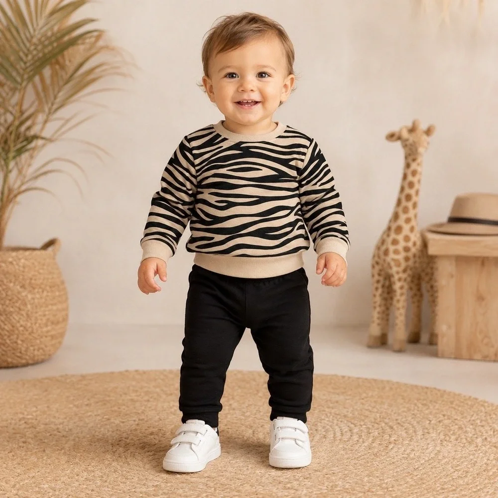 Garanimals Sweatshirt Set Kids 18M Tan Black Excellent Zebra Print Fleece Outfit